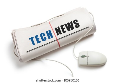 Tech News, Computer Mouse And Newspaper Roll With White Background