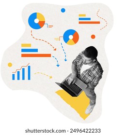 Tech professional analyzing data on laptop, surrounded by vibrant charts and graphs. Dynamic flow of logistics and business intelligence. Contemporary art collage. Concept of business, logistics - Powered by Shutterstock