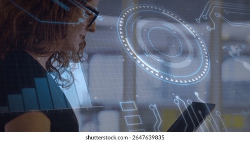 Tech professional analyzing data on tablet in modern office, with holographic charts, copy space. Futuristic, innovation, digital, corporate, tech-savvy, interface, data visualization
