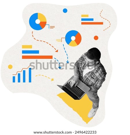 Tech professional analyzing data on laptop, surrounded by vibrant charts and graphs. Dynamic flow of logistics and business intelligence. Contemporary art collage. Concept of business, logistics
