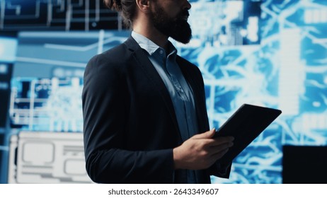 Tech savvy administrator reviewing AI brain programming on a tablet, exploring algorithmic thinking and deep learning through neural networks system. Artificial intelligence coding. Camera A.