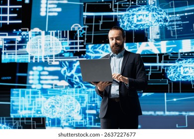 Tech savvy businessman reviewing AI brain programming for innovation, exploring algorithmic thinking and deep learning through neural network system. Virtual intelligence in the digital age.