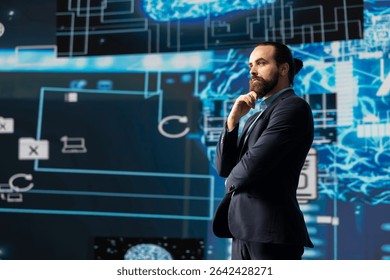 Tech savvy entrepreneur employs AI brain data visualization, exploring algorithmic thinking and machine learning through neural network system. Virtual intelligence in the digital age.