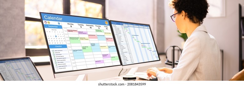 Tech Schedule List On Computer Screen. Gantt Calendar