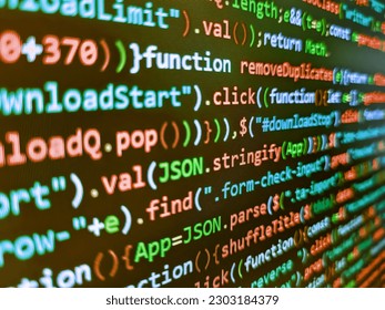 Tech source apps. Innovative startup project. Programming code abstract technology. Code on dark background. Programmer Typing New Lines of HTML Code
