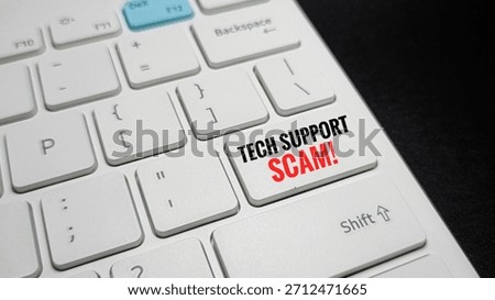 Tech support scam warning alert concept with computer keyboard key, illustrating cybersecurity threats, online fraud, digital crime, and safety awareness. 
