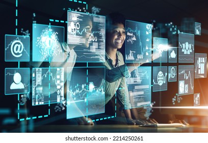 Tech Team, Overlay And Trading On Stock Market With Hologram, Cloud Computing And Ai Financial Strategy Via Wifi Internet. Female, Cryptocurrency And Trader Doing Data Analysis For Investment Growth