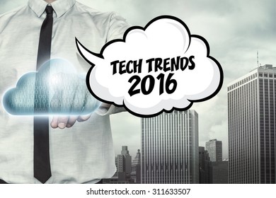 Tech Trends 2016 Text On Cloud Computing Theme With Businessman On Cityscape Background