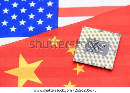 Tech warfare: A microchip on the U.S. and China flags symbolizes the escalating technological rivalry, reflecting their strategic competition in semiconductor innovation, and supply chain dominance.