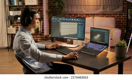 Techincal developer working on machinery engine component with advanced engineering interface on computer. Industrial manufactory container product on creative software. .