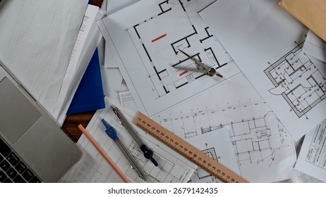 Technical Architectural Drafting Kit with Diverse Tools and Plans