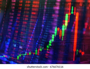 Technical Candlestick Price Chart And Ticker Showing Down Trend, Panic Sell Of Stock. Stock Trading Concept.