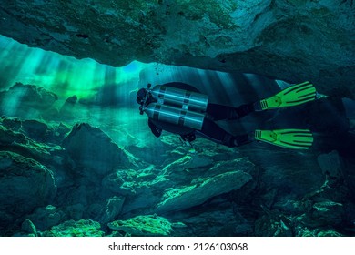 Technical Cave Diver in Cenote at Mexico