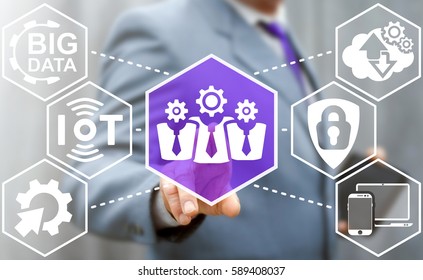 Technical development teamwork business concept. Man touched team businessman gear head icon on virtual technician screen. Team developer IT, IoT, BIG DATA, CLOUD, COMPUTING integration technology 