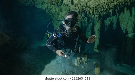 technical diving in a cenote in mexico.