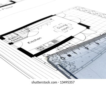 Technical drawing blueprint with ruler