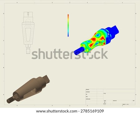 technical engineering blueprint sheet featuring a 2D line drawing, a 3D solid model, and a color-coded finite element analysis stress simulation of a machined component.