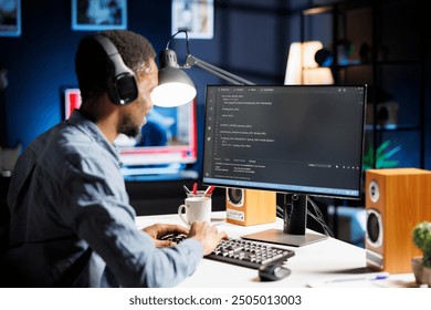 Technical expert works on html software code at home, navigates through a terminal window. Debugging a server for safety and protection as self employed system engineer, machine learning.