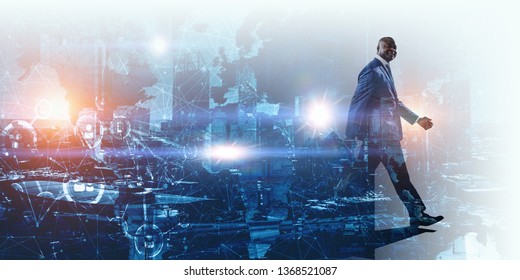 Technical graph with a side view of walking smiling black businessman