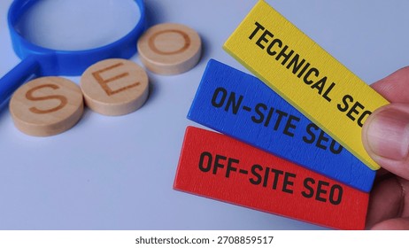 Technical, On-Site, and Off-Site SEO Types Concept for Search Engine Optimization Strategy and Digital Marketing