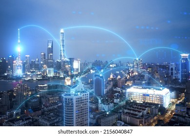 Technical picture of the concept of interconnection of all things in urban background - Shutterstock ID 2156040847