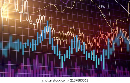 Technical Price Graph And Indicator, Candlestick Chart On Screen, Market Volatility, Up And Down Trend. Stock Trading, Crypto Currency Background.