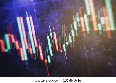 Technical price graph and indicator, red and green candlestick chart on blue theme screen, market volatility, up and down trend. Stock trading, crypto currency background.