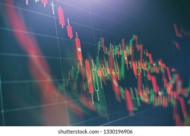 Technical price graph and indicator, red and green candlestick chart on blue theme screen, market volatility, up and down trend. Stock trading, crypto currency background.