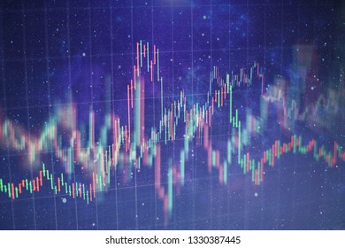 Technical price graph and indicator, red and green candlestick chart on blue theme screen, market volatility, up and down trend. Stock trading, crypto currency background.