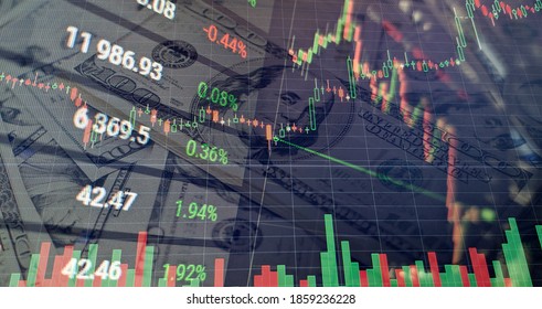 Technical Price Graph And Indicator, Red And Green Candlestick Chart On Blue Theme Screen, Market Volatility, Up And Down Trend. Stock Trading, Crypto Currency Background.