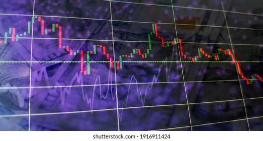 Technical price graph and indicator, red and green candlestick chart on blue theme screen, market volatility, up and down trend. Stock trading, crypto currency background.