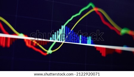 Technical price graph and indicator, red and green candlestick chart on blue theme screen, market volatility, up and down trend. Stock trading, crypto currency background.