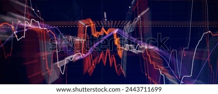 Technical price graph and indicator, red and green candlestick chart on blue theme screen, market volatility, up and down trend.