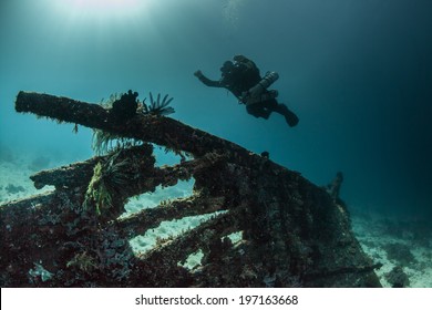 Technical Scuba Diver Hovers Over A Wreck