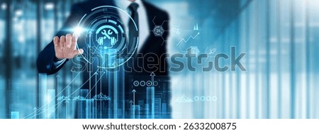 Technical Support: Businessman touch technical support analyzing graph performance metrics, issue resolution, system reliability, incident tracking, user training, service level agreements