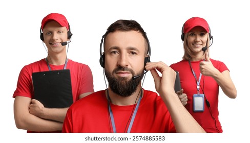 Technical support call center. Friendly operators with headsets on white background
