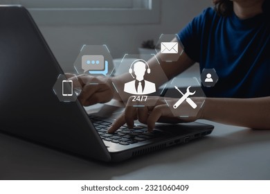 Technical Support Center Customer Service Internet Business Technology Concept. online technical support, and customer service 24-7 nonstop. Business people using laptop with helpdesk icon on screen.