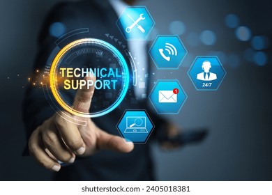 technical support concept with businessman pointing on customer service information icon or after sale service such as repair, newsletter e-mail, question and answer, on site services 24 hour in 7 day