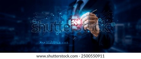 Technical Support Concept: Businessman Pointing to Technical Support Icon and Data for Global Network on Graphic Interface. Assistance, Troubleshooting, Solutions.