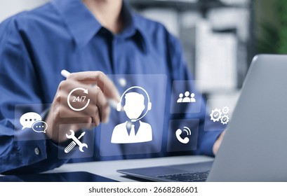 Technical support concept. Customer help, Online tech support, customer service technology and IT Consulting. Businessman using laptop with service desk help icon on virtual screen.