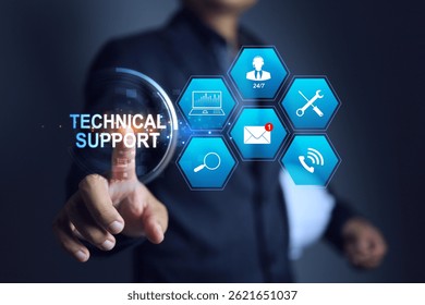 technical support concept with engineer pointing on customer service information icon or after sale service such as repair, newsletter email, question and answer, on site services