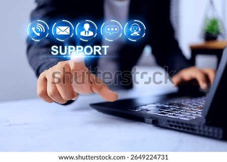 technical support concept with a man pointing on customer service information icon or after sale service such as repair, newsletter email, question and answer, on site services