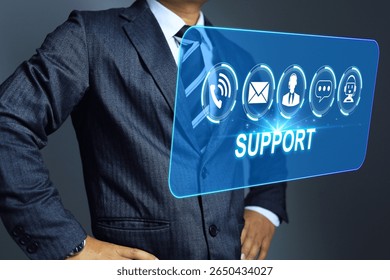 technical support concept with a technical manager standing in front of customer service information icon to answer a question online customer services