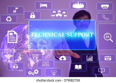 TECHNICAL SUPPORT  concept  presented by  businessman touching on  virtual  screen ,image element furnished by NASA