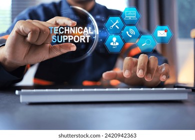 technical support concept with technician catch on customer service information icon or after sale service such as repair, newsletter email, question and answer, on site services 24 hour in 7 day
