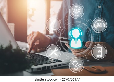 Technical support customer service concept, Person hand using smart phone with VR screen support customer icon, Technology internet concept, it support, call center and customer service help. - Powered by Shutterstock