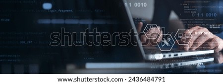 Technical support customer service concept. internet network technology. Software engineer working with laptop computer with customer support icons, internet technology