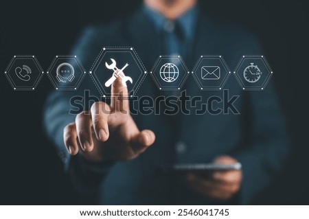 Technical Support and Customer Service Concept. Icon of tools, with icons for customer service, 247 support, communication, and technical maintenance. business technology in customer assistance.