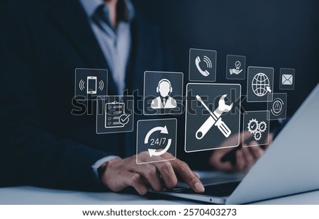 Technical support and customer service concept. Digital icon representing technical support, customer service, and 247 assistance. Business technology solutions for global support, service management