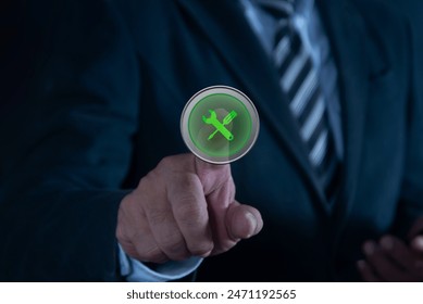 Technical support customer service guarantee quality assurance. Businessman pressing button on virtual screen.